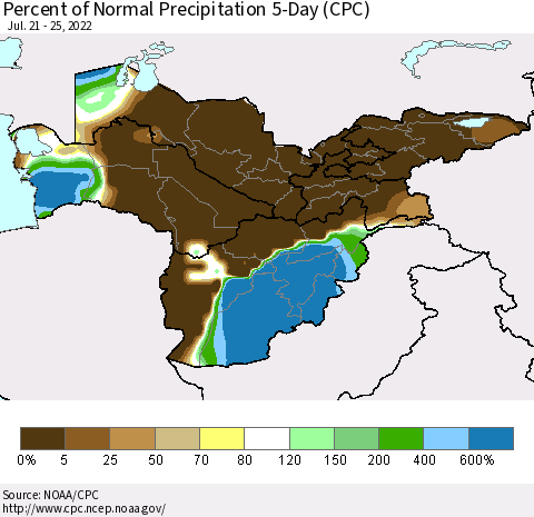 Central Asia Percent of Normal Precipitation 5-Day (CPC) Thematic Map For 7/21/2022 - 7/25/2022