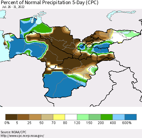 Central Asia Percent of Normal Precipitation 5-Day (CPC) Thematic Map For 7/26/2022 - 7/31/2022