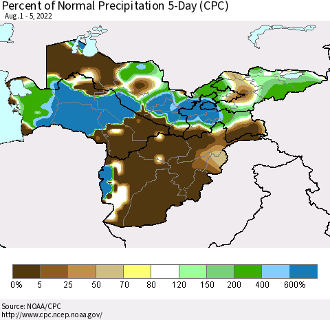 Central Asia Percent of Normal Precipitation 5-Day (CPC) Thematic Map For 8/1/2022 - 8/5/2022