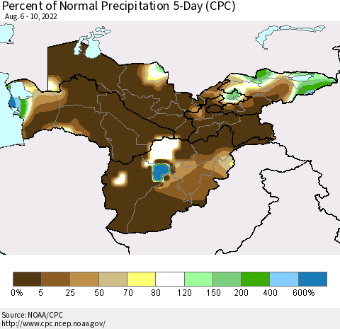 Central Asia Percent of Normal Precipitation 5-Day (CPC) Thematic Map For 8/6/2022 - 8/10/2022