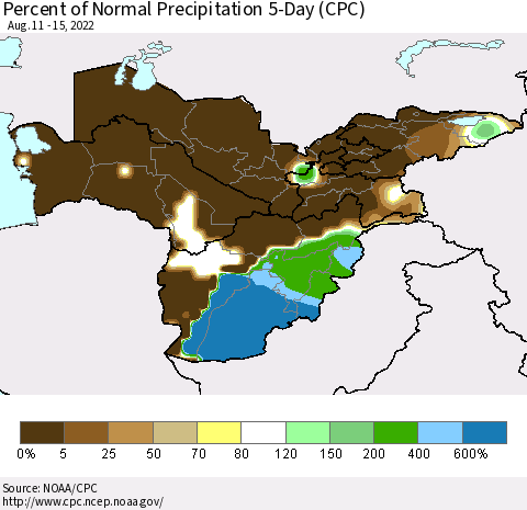 Central Asia Percent of Normal Precipitation 5-Day (CPC) Thematic Map For 8/11/2022 - 8/15/2022