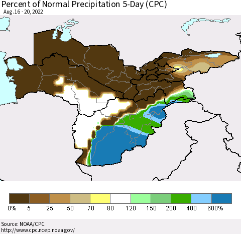 Central Asia Percent of Normal Precipitation 5-Day (CPC) Thematic Map For 8/16/2022 - 8/20/2022