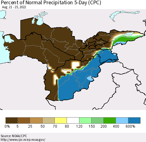 Central Asia Percent of Normal Precipitation 5-Day (CPC) Thematic Map For 8/21/2022 - 8/25/2022