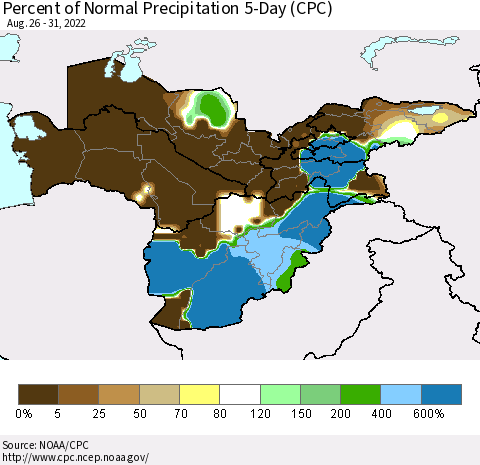 Central Asia Percent of Normal Precipitation 5-Day (CPC) Thematic Map For 8/26/2022 - 8/31/2022