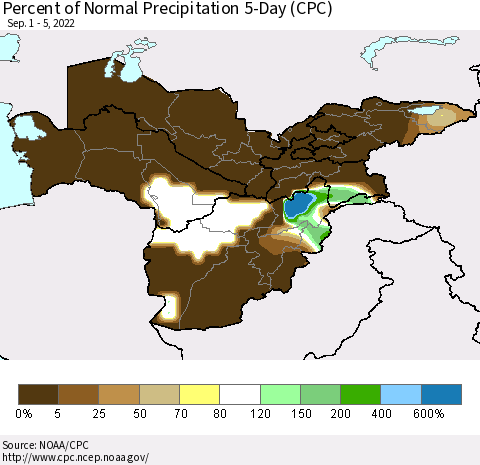 Central Asia Percent of Normal Precipitation 5-Day (CPC) Thematic Map For 9/1/2022 - 9/5/2022