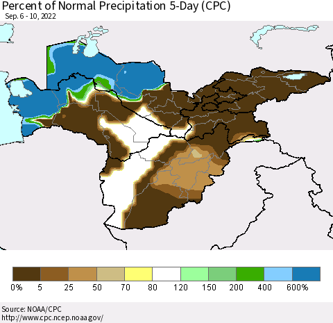 Central Asia Percent of Normal Precipitation 5-Day (CPC) Thematic Map For 9/6/2022 - 9/10/2022