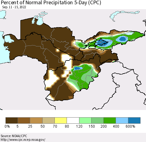 Central Asia Percent of Normal Precipitation 5-Day (CPC) Thematic Map For 9/11/2022 - 9/15/2022