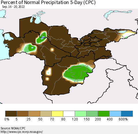 Central Asia Percent of Normal Precipitation 5-Day (CPC) Thematic Map For 9/16/2022 - 9/20/2022