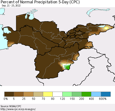 Central Asia Percent of Normal Precipitation 5-Day (CPC) Thematic Map For 9/21/2022 - 9/25/2022
