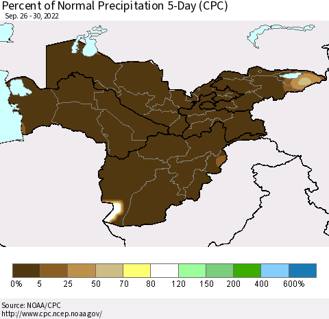 Central Asia Percent of Normal Precipitation 5-Day (CPC) Thematic Map For 9/26/2022 - 9/30/2022