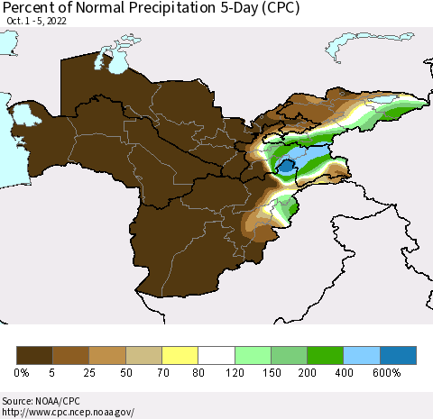 Central Asia Percent of Normal Precipitation 5-Day (CPC) Thematic Map For 10/1/2022 - 10/5/2022