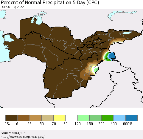 Central Asia Percent of Normal Precipitation 5-Day (CPC) Thematic Map For 10/6/2022 - 10/10/2022