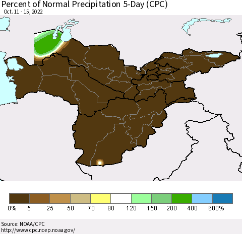 Central Asia Percent of Normal Precipitation 5-Day (CPC) Thematic Map For 10/11/2022 - 10/15/2022