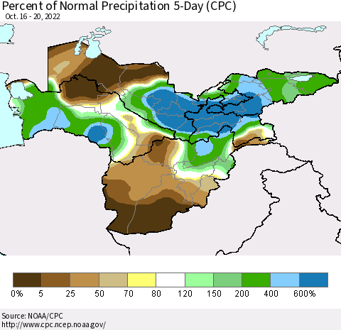 Central Asia Percent of Normal Precipitation 5-Day (CPC) Thematic Map For 10/16/2022 - 10/20/2022