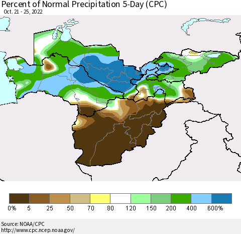 Central Asia Percent of Normal Precipitation 5-Day (CPC) Thematic Map For 10/21/2022 - 10/25/2022