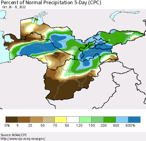 Central Asia Percent of Normal Precipitation 5-Day (CPC) Thematic Map For 10/26/2022 - 10/31/2022