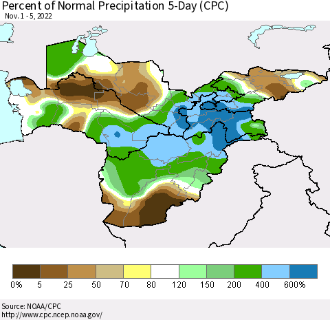 Central Asia Percent of Normal Precipitation 5-Day (CPC) Thematic Map For 11/1/2022 - 11/5/2022