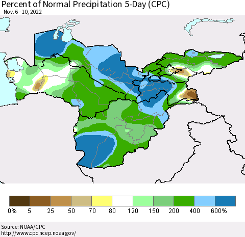 Central Asia Percent of Normal Precipitation 5-Day (CPC) Thematic Map For 11/6/2022 - 11/10/2022