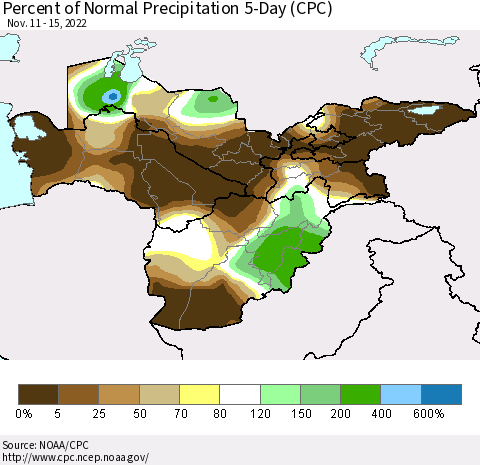 Central Asia Percent of Normal Precipitation 5-Day (CPC) Thematic Map For 11/11/2022 - 11/15/2022