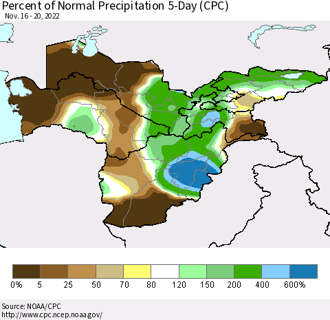 Central Asia Percent of Normal Precipitation 5-Day (CPC) Thematic Map For 11/16/2022 - 11/20/2022