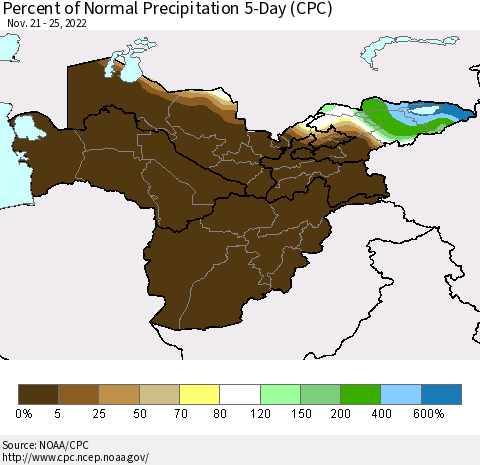 Central Asia Percent of Normal Precipitation 5-Day (CPC) Thematic Map For 11/21/2022 - 11/25/2022