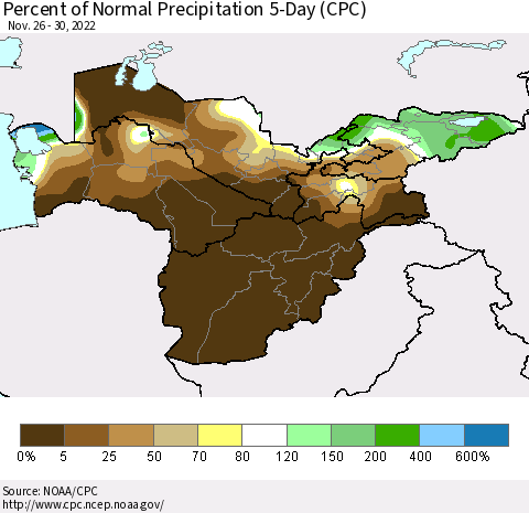 Central Asia Percent of Normal Precipitation 5-Day (CPC) Thematic Map For 11/26/2022 - 11/30/2022