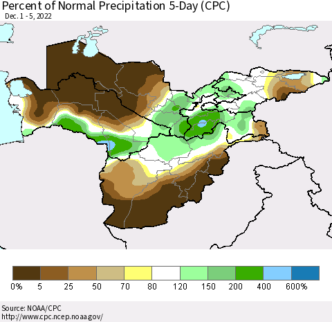 Central Asia Percent of Normal Precipitation 5-Day (CPC) Thematic Map For 12/1/2022 - 12/5/2022