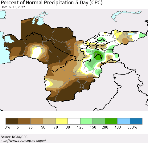 Central Asia Percent of Normal Precipitation 5-Day (CPC) Thematic Map For 12/6/2022 - 12/10/2022