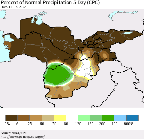 Central Asia Percent of Normal Precipitation 5-Day (CPC) Thematic Map For 12/11/2022 - 12/15/2022
