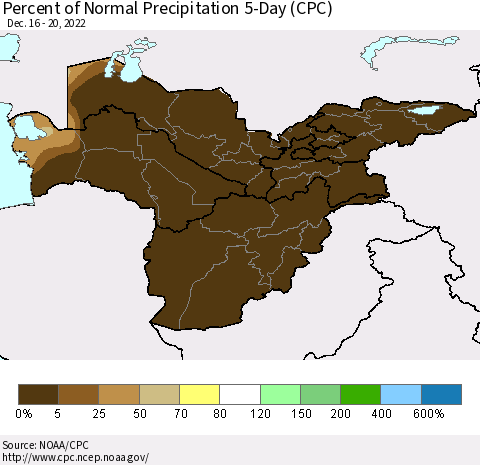 Central Asia Percent of Normal Precipitation 5-Day (CPC) Thematic Map For 12/16/2022 - 12/20/2022