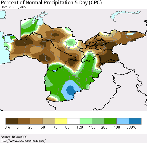 Central Asia Percent of Normal Precipitation 5-Day (CPC) Thematic Map For 12/26/2022 - 12/31/2022