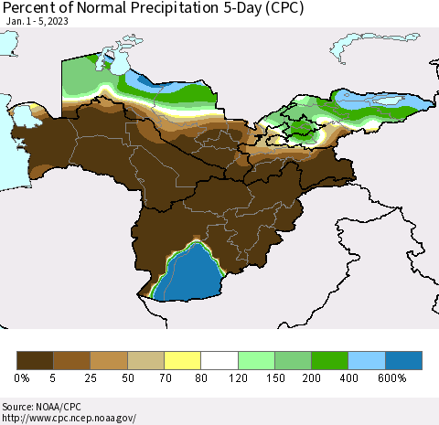 Central Asia Percent of Normal Precipitation 5-Day (CPC) Thematic Map For 1/1/2023 - 1/5/2023