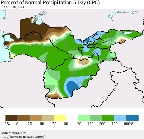 Central Asia Percent of Normal Precipitation 5-Day (CPC) Thematic Map For 1/6/2023 - 1/10/2023