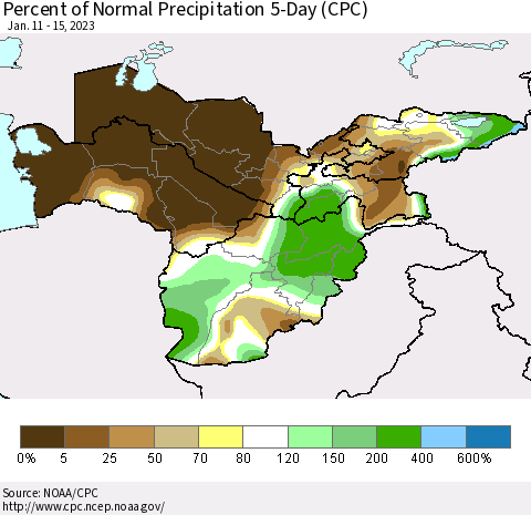 Central Asia Percent of Normal Precipitation 5-Day (CPC) Thematic Map For 1/11/2023 - 1/15/2023