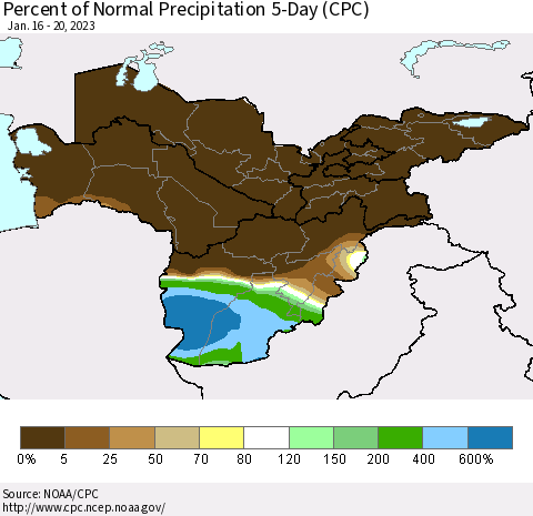 Central Asia Percent of Normal Precipitation 5-Day (CPC) Thematic Map For 1/16/2023 - 1/20/2023
