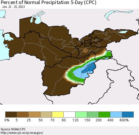 Central Asia Percent of Normal Precipitation 5-Day (CPC) Thematic Map For 1/21/2023 - 1/25/2023