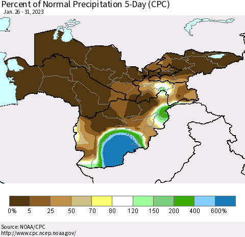 Central Asia Percent of Normal Precipitation 5-Day (CPC) Thematic Map For 1/26/2023 - 1/31/2023