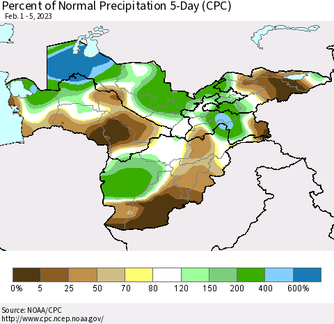 Central Asia Percent of Normal Precipitation 5-Day (CPC) Thematic Map For 2/1/2023 - 2/5/2023