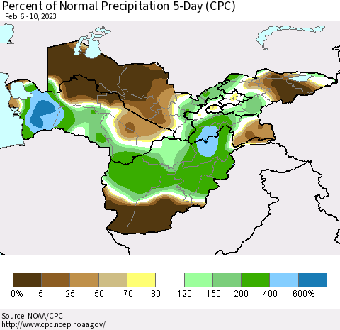 Central Asia Percent of Normal Precipitation 5-Day (CPC) Thematic Map For 2/6/2023 - 2/10/2023