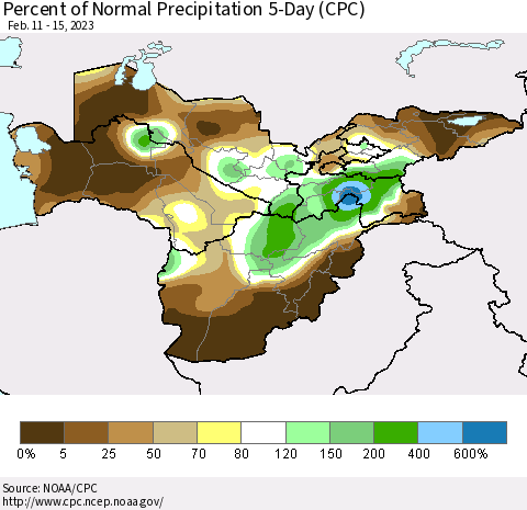 Central Asia Percent of Normal Precipitation 5-Day (CPC) Thematic Map For 2/11/2023 - 2/15/2023