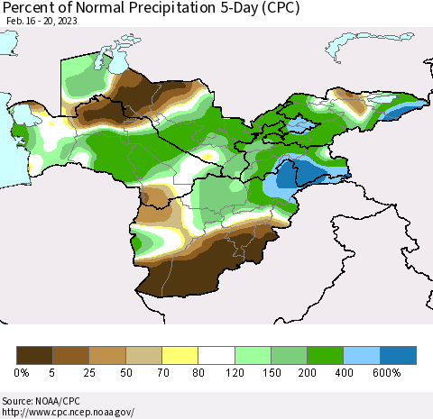Central Asia Percent of Normal Precipitation 5-Day (CPC) Thematic Map For 2/16/2023 - 2/20/2023