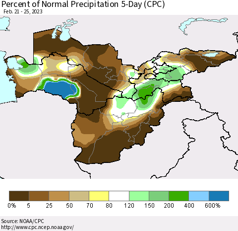 Central Asia Percent of Normal Precipitation 5-Day (CPC) Thematic Map For 2/21/2023 - 2/25/2023