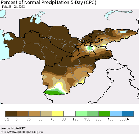 Central Asia Percent of Normal Precipitation 5-Day (CPC) Thematic Map For 2/26/2023 - 2/28/2023