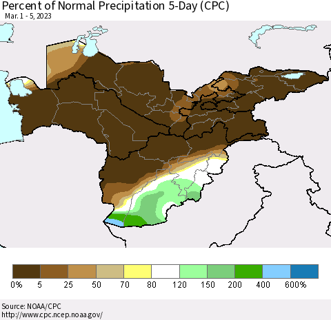 Central Asia Percent of Normal Precipitation 5-Day (CPC) Thematic Map For 3/1/2023 - 3/5/2023
