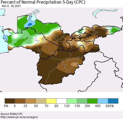 Central Asia Percent of Normal Precipitation 5-Day (CPC) Thematic Map For 3/6/2023 - 3/10/2023