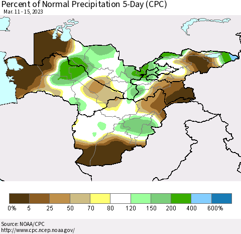 Central Asia Percent of Normal Precipitation 5-Day (CPC) Thematic Map For 3/11/2023 - 3/15/2023