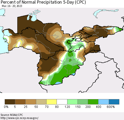 Central Asia Percent of Normal Precipitation 5-Day (CPC) Thematic Map For 3/16/2023 - 3/20/2023