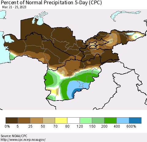 Central Asia Percent of Normal Precipitation 5-Day (CPC) Thematic Map For 3/21/2023 - 3/25/2023