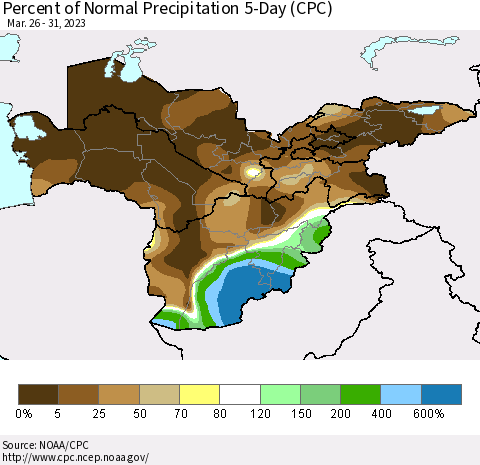 Central Asia Percent of Normal Precipitation 5-Day (CPC) Thematic Map For 3/26/2023 - 3/31/2023
