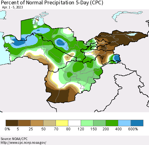 Central Asia Percent of Normal Precipitation 5-Day (CPC) Thematic Map For 4/1/2023 - 4/5/2023